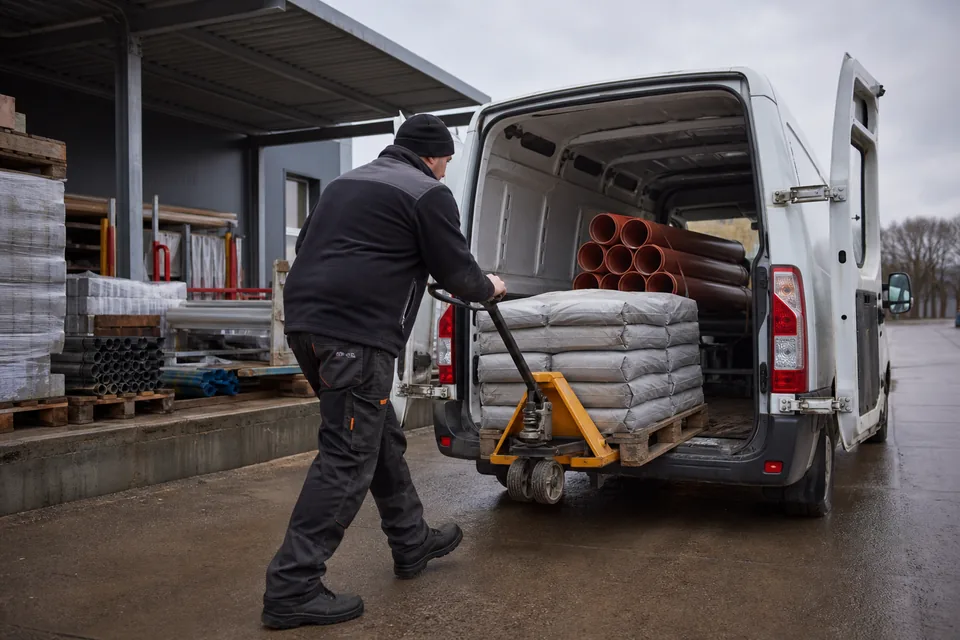 Rampa załadunkowa hurtowni materiałów budowlanych, paleta z workami i rurami trafia do samochodu dostawczego